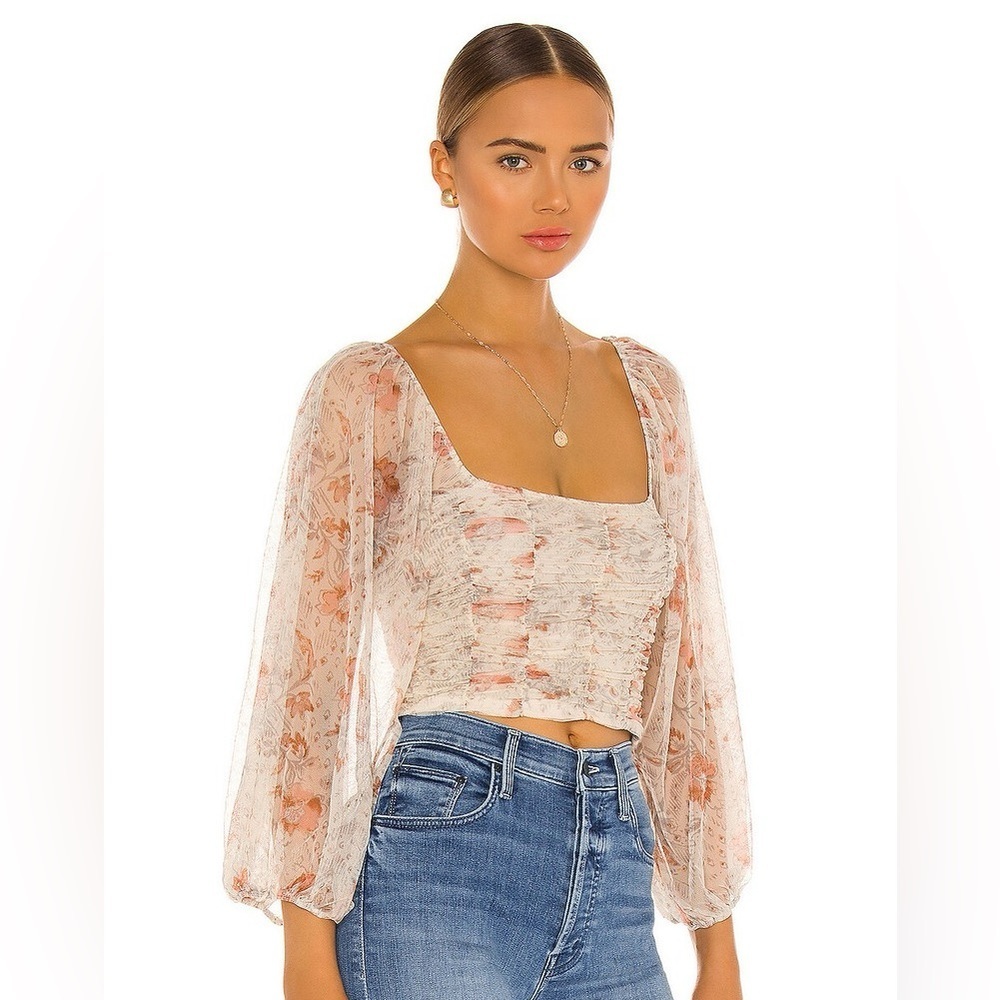 Free People Lilia Ruched Cropped Top floral Ivory.  Size Medium